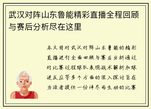 武汉对阵山东鲁能精彩直播全程回顾与赛后分析尽在这里